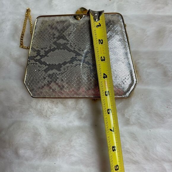 Sondra Roberts gold metallic faux snake skin box clutch with shoulder st… - Picture 6 of 9
